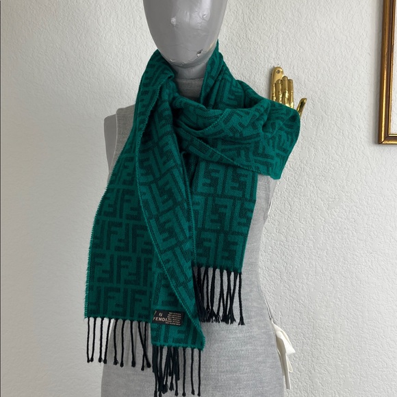 Fendi Accessories - VTG Fendi Green Fringe Black Logo Scarf Wrap